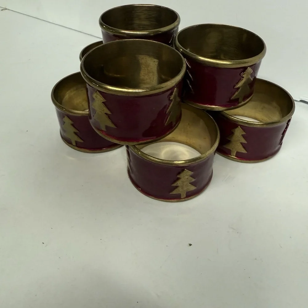 Set of 8 Brass Christmas Napkin Rings Burgundy Christmas Tree - Picture 3 of 8